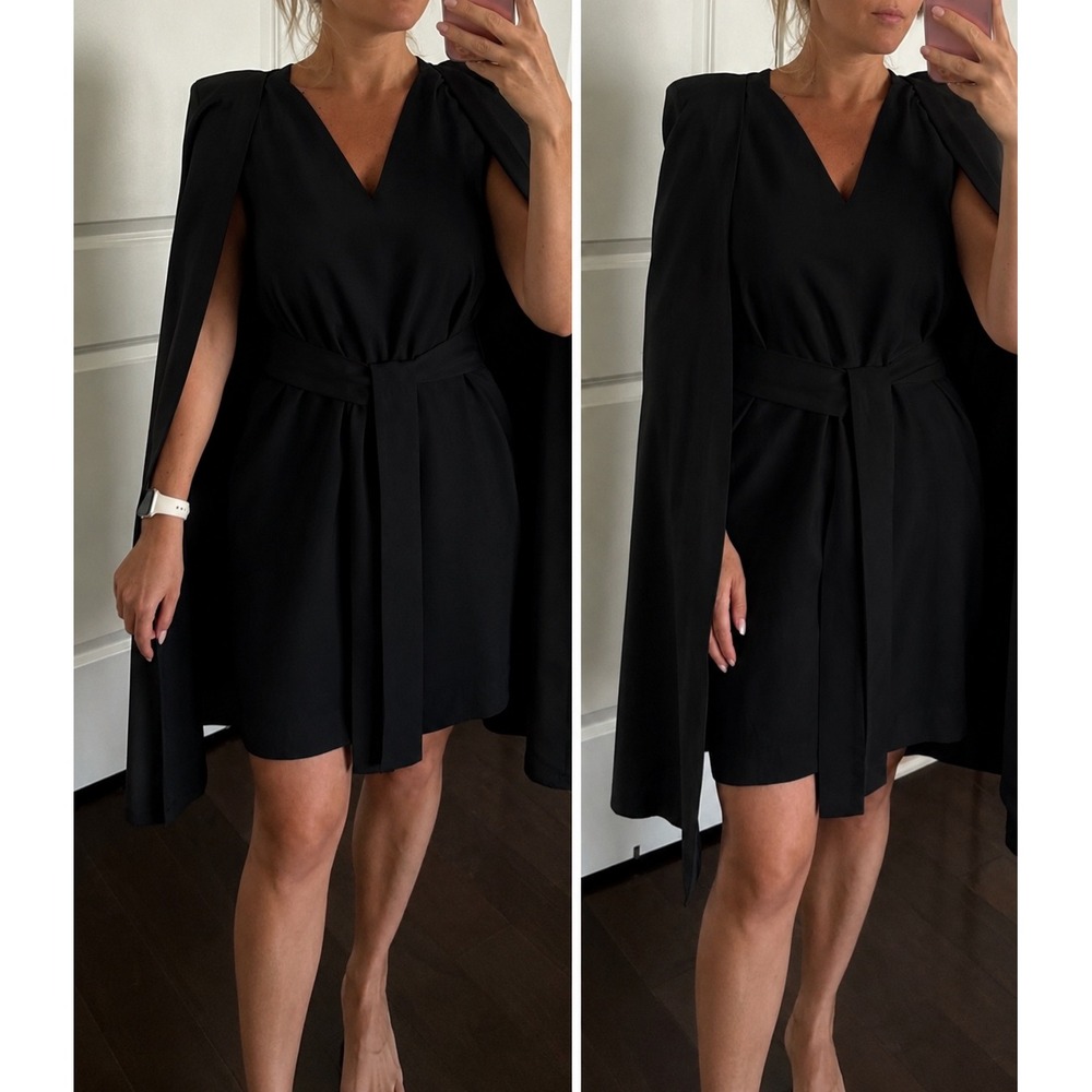 C/MEO COLLECTIVE Black Cape Mini Dress V-Neck Belted Size S CX170327D‎